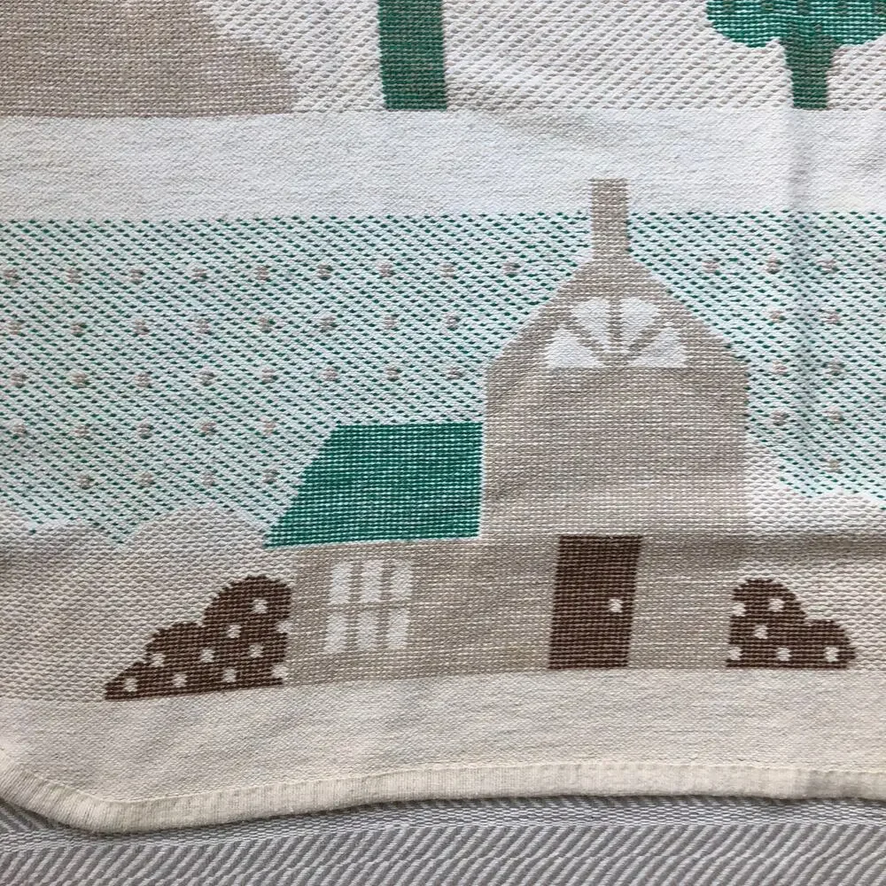 Cotton Throw Blanket Mora Made in Spain House and Trees Tan Green 44x54in Vtg